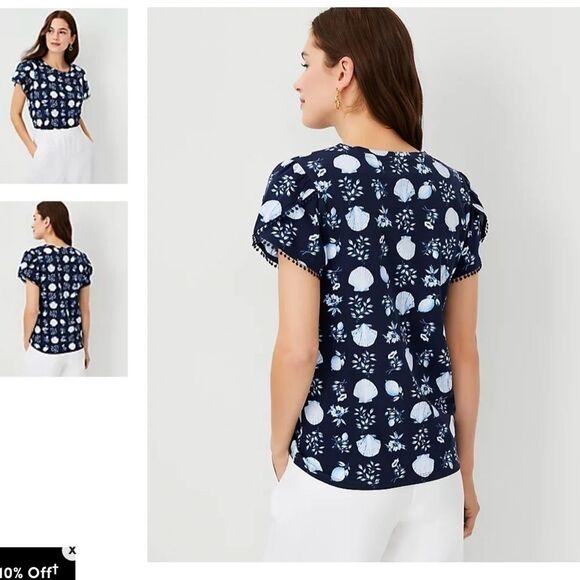 Ann Taylor Shell Tile Bobble Petal Sleeve Pima Cotton Tee Sz L - Picture 2 of 9